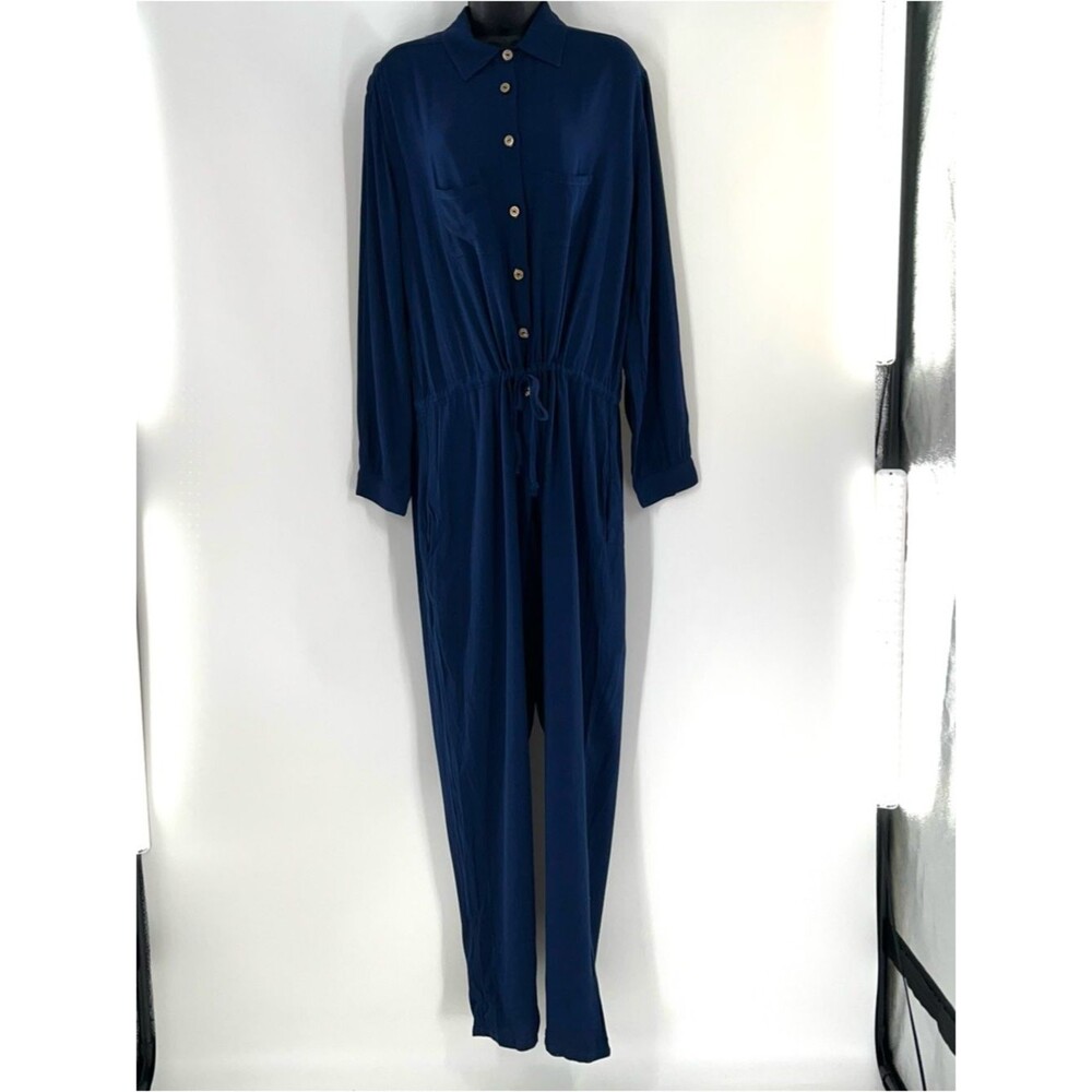 Flynn Skye Blue Havana Navy Button-Front Drawstring Jumpsuit-Size L